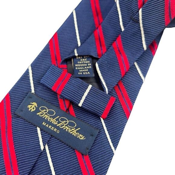 Brooks Brothers Makers Silk Cotton Blend Navy Blue Red and White Tie - Picture 2 of 3